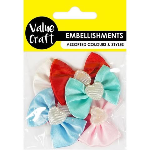 SATIN BOWS WITH HEARTS EMB MULTI 6PC