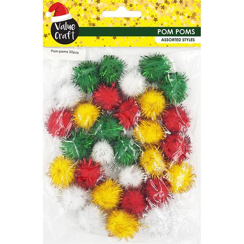XMAS POM POMS TRADITIONAL W FOIL 30PCS