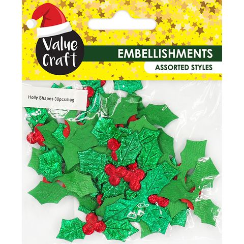 XMAS HOLLY SHAPES 30PC