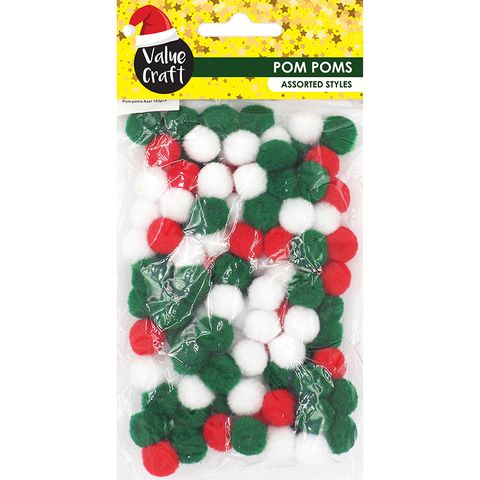XMAS POM POM TRAD RED GREEN WHITE 100PC