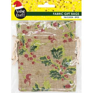 XMAS BAG JUTE 10X12.5CM NAT-HOLLY 2PC