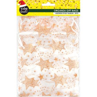 Xmas Bag Organza 15X20Cm Gold Stars 2Pc