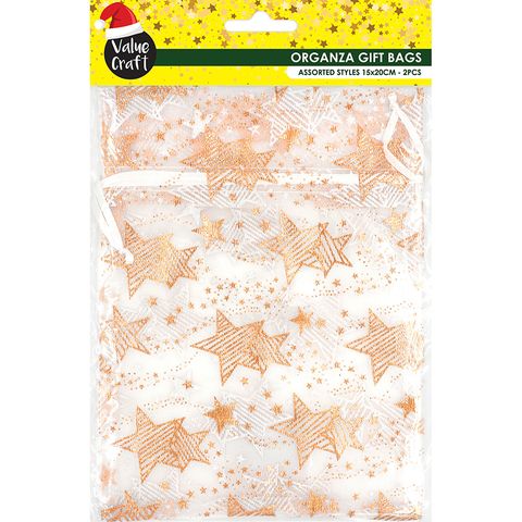 Xmas Bag Organza 15X20Cm Gold Stars 2Pc