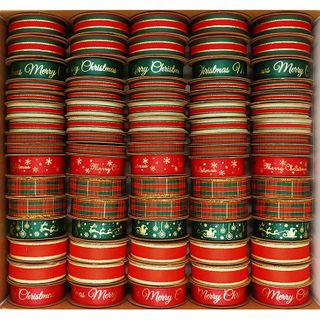 Xmas Ribbon Box Tartan Gold 80 Roll Mix