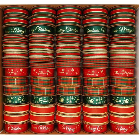 Xmas Ribbon Box Tartan Gold 80 Roll Mix
