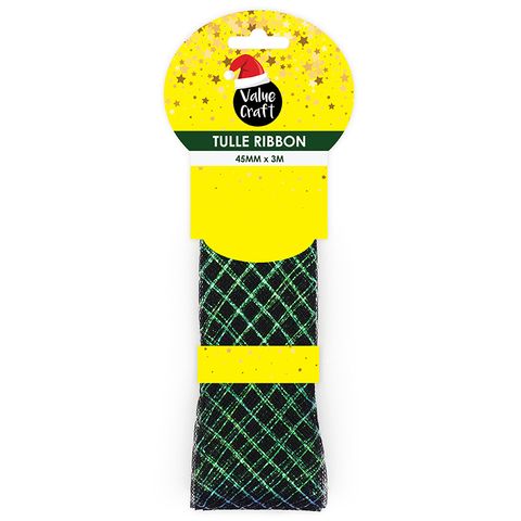 XMAS METALLIC TULLE RIBBON GREEN 3M