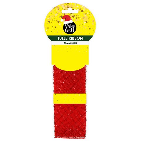 XMAS METALLIC TULLE RIBBON RED 3M