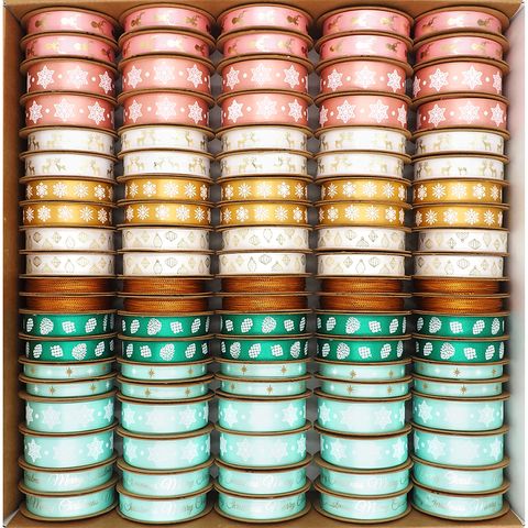 Xmas Ribbon Box Mint-Blush 100 Roll Mix