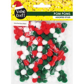 XMAS POM POMS 10MM RED GREEN WHITE 200PC
