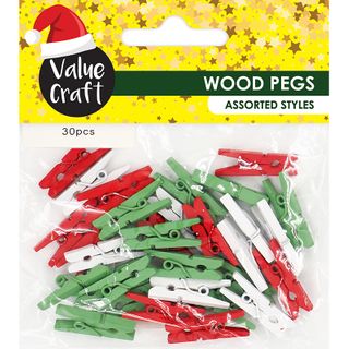 XMAS WOODEN PEGS RED WHITE GREEN 30PC
