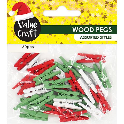 XMAS WOODEN PEGS RED WHITE GREEN 30PC