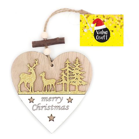 Xmas Wood Ornament Heart Gold 1Pc