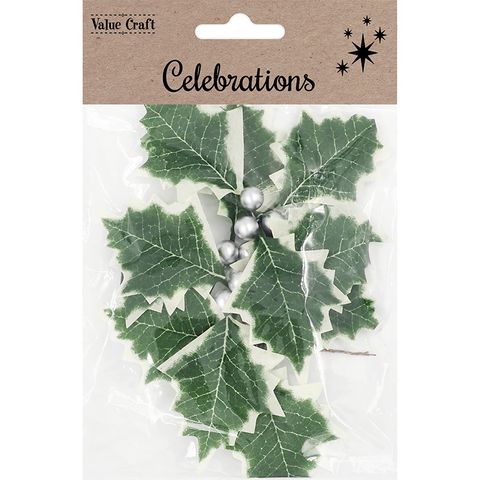 Xmas Large Holly Leaf Silver Berry 4Pcs