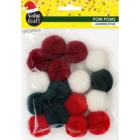 XMAS YARN POM POMS ASSORTED 16PCS