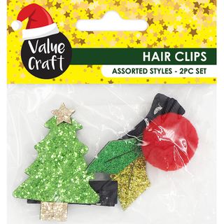 XMAS GLITTER HAIRCLIPS TREE HOLLY 2PCS