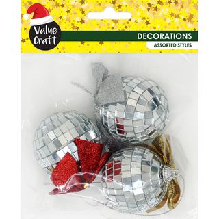 XMAS DISCO BALL BOW ORNAMENTS 3PCS