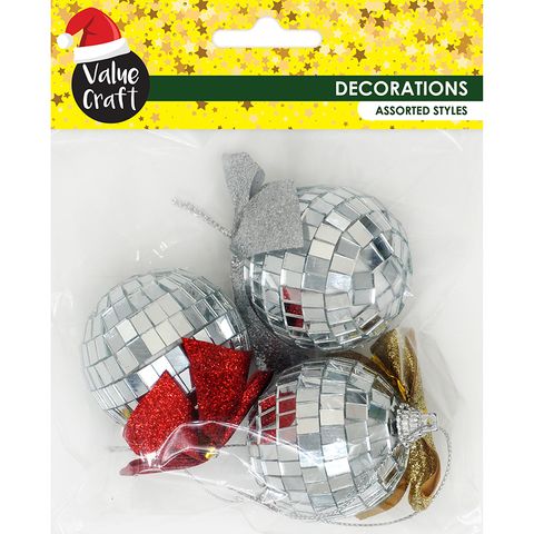 XMAS DISCO BALL BOW ORNAMENTS 3PCS