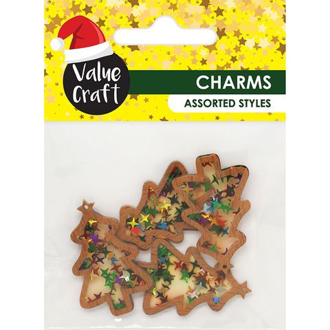 XMAS ACRYLIC CHARMS WOOD STAR TREE 4PC