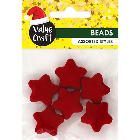 XMAS VELVET 23MM STAR BEADS RED 6PCS