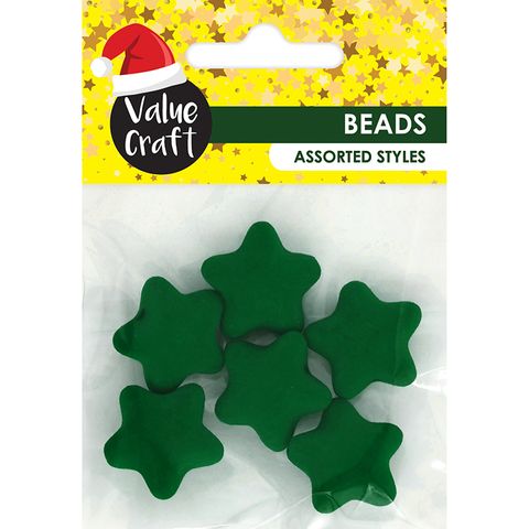 XMAS VELVET 23MM STAR BEADS GREEN 6PCS