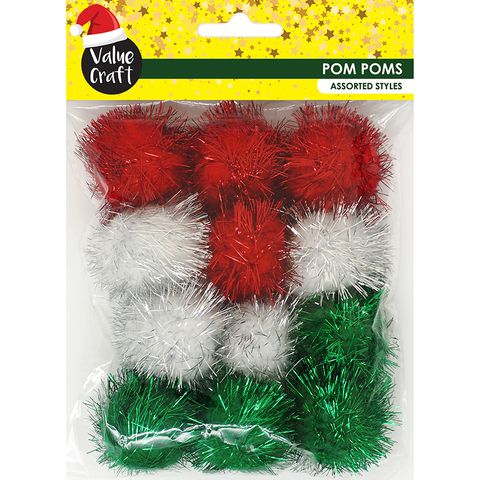 XMAS POM POMS TINSEL LARGE 12PCS