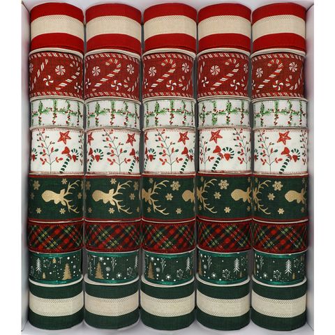 XMAS RIBBON WIRE EDGE LUXE 40 ROLL MIX