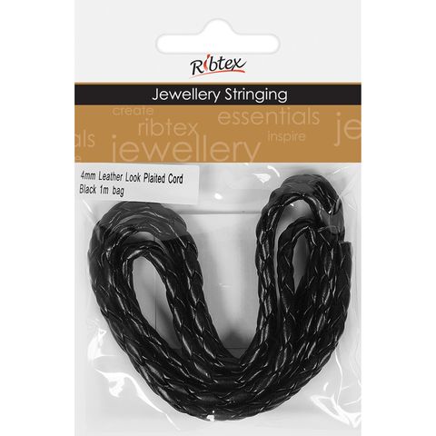 Plaited Leather Look 4mm Black 1m