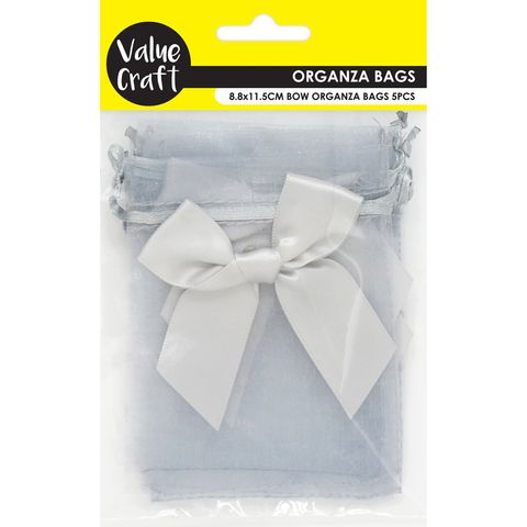 MINI ORAGANZA BAGS W BOWS SILVER 5PC