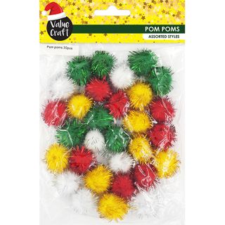 XMAS POM POMS TRADITIONAL W FOIL 30PCS