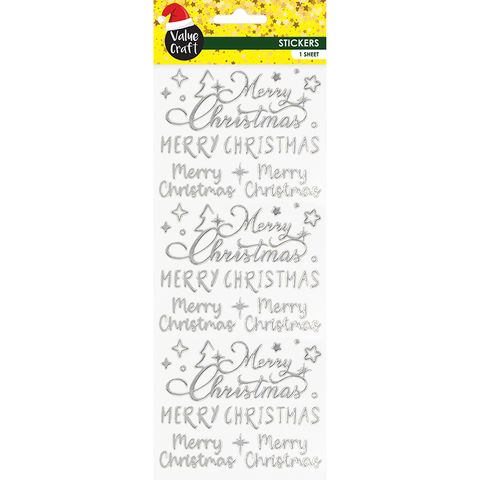 MERRY XMAS CURSIVE STICKERS SILVER 1SH