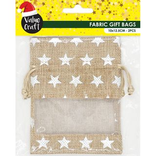XMAS BAG JUTE CLEAR 10x12.5CM STARS 2PC