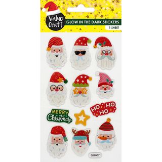 XMAS GLOW IN DARK STICKERS SANTAS 1SH