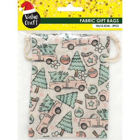 XMAS BAG FABRIC 10x12.5CM WHIMSICAL 2PC