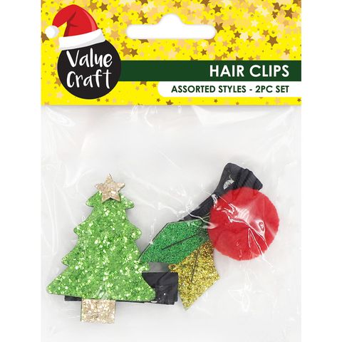 XMAS GLITTER HAIRCLIPS TREE HOLLY 2PCS