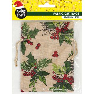 XMAS FABRIC BAG 10x12.5CM HOLLY 2PC