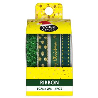 XMAS RIBBON PACK 2M GREEN GOLD MIX 4PC