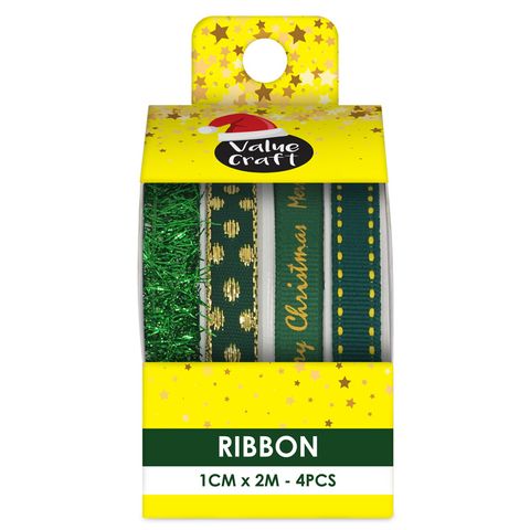 XMAS RIBBON PACK 2M GREEN GOLD MIX 4PC