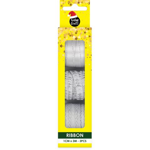 XMAS RIBBON PACK 3M SILVER MIX 3PC