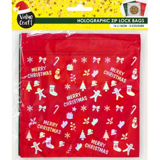 XMAS HOLOGRAPHIC ZIPLOCK BAGS 12PC