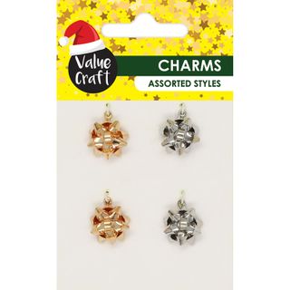 XMAS BOWS METAL CHARMS GOLD SILVER 4PC