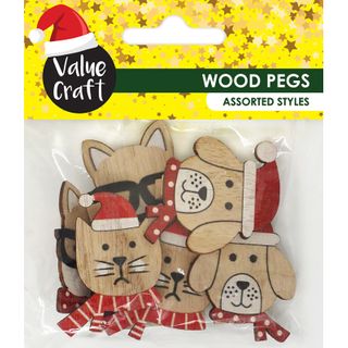 XMAS WODDEN PETS IN HATS PEGS 6PC