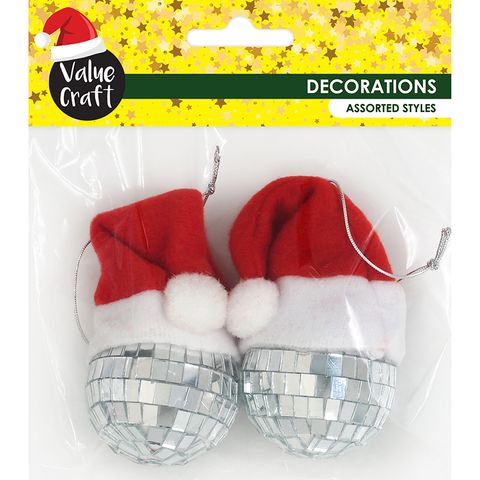 XMAS DISCO BALL SANTA HAT ORNAMENTS 2PCS