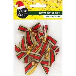XMAS METALLIC TWIST TIE BOWS W BELLS 6PC