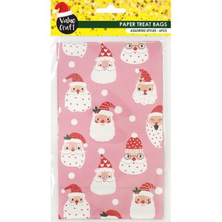 XMAS PAPER TREAT BAGS PINK SANTA 6PCS
