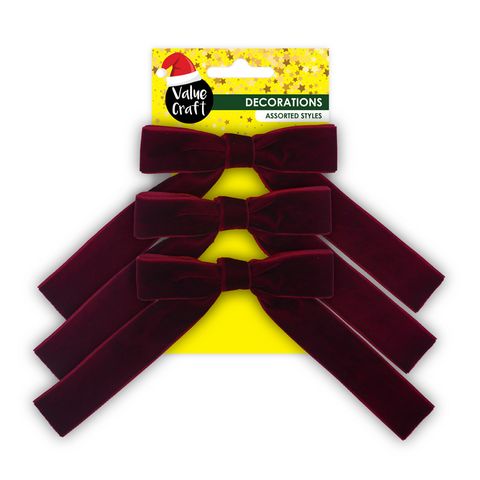 XMAS VELVET BOWS WITH CLIPS RED 3PC