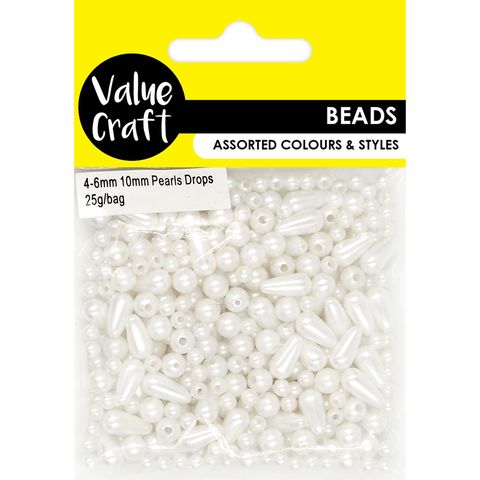 BEAD PLASTIC PEARL DROPS WHITE 25G