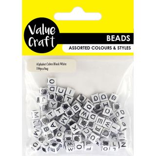 ALPHABET CUBE BEADS WHITE BLACK 104PCS