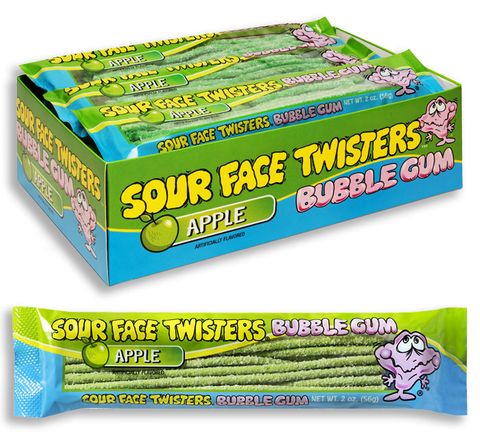 SOUR FACE TWISTERS BUBBLE GUM - APPLE
