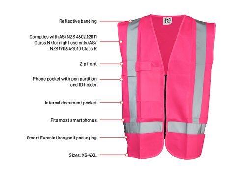 Hi-Vis Pink Safety Vest c/w Cellphone, ID & Pen Pockets - M