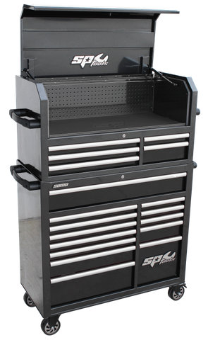 SP Sumo Series Power Hutch Tool Box - 18 Drawer - Black/Chrome Handles